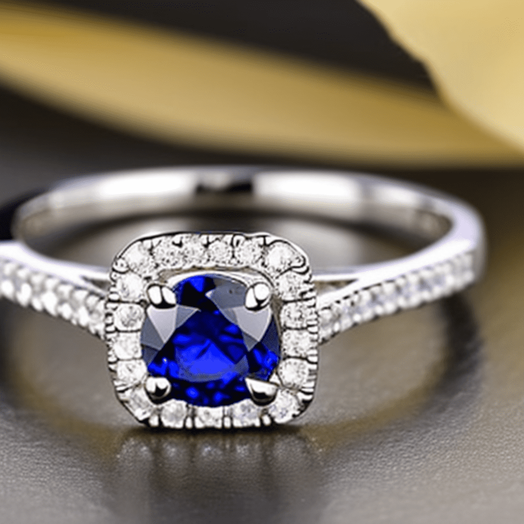 Representation of a engagement ring with sapphire and diamonds