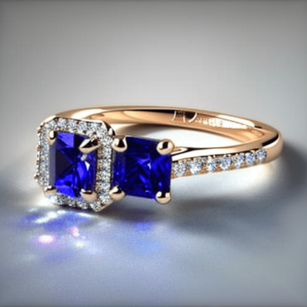 Representation of a Diamond engagement ring with sapphires